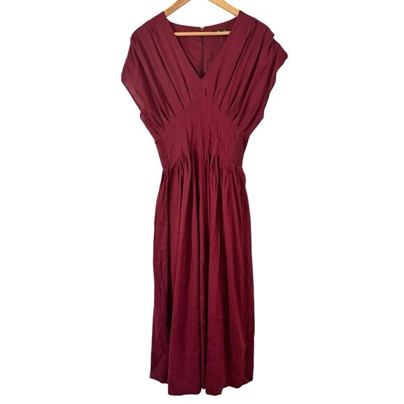NWT Madewell Pleated V Neck Midi Dress Linen Blend Vintage Burgundy Size 2 - Picture 5 of 11